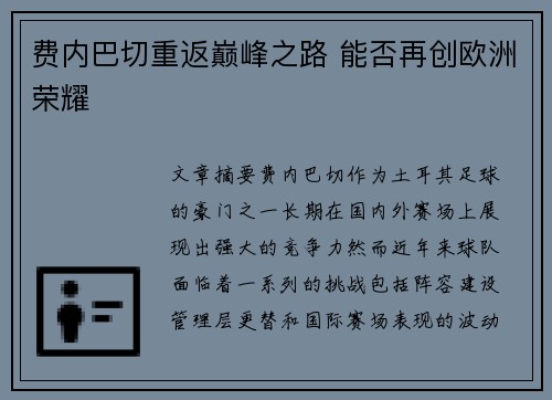 费内巴切重返巅峰之路 能否再创欧洲荣耀 费内巴切重返巅峰之路 能否再创欧洲荣耀