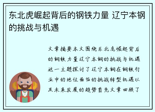东北虎崛起背后的钢铁力量 辽宁本钢的挑战与机遇 东北虎崛起背后的钢铁力量 辽宁本钢的挑战与机遇